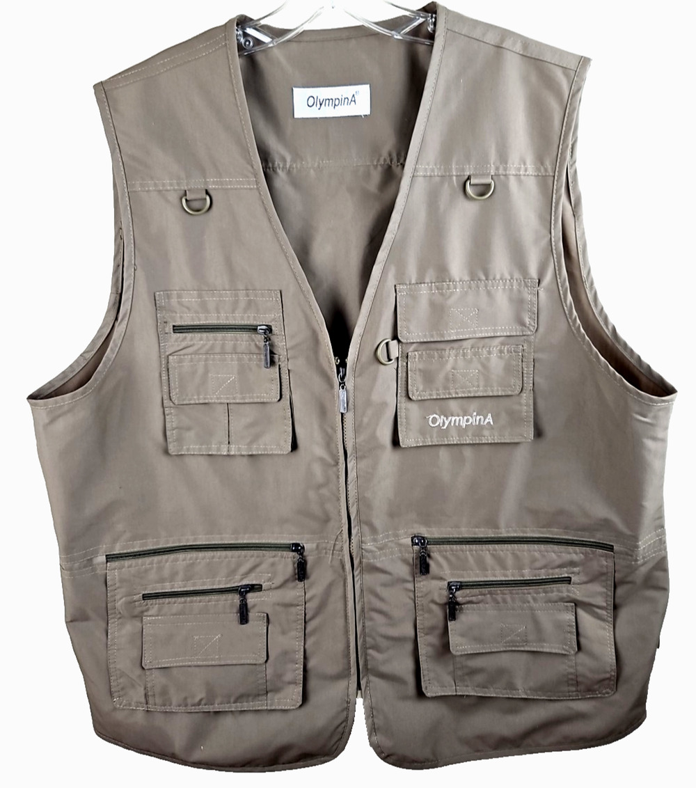 OlympinA utility Vest Mens XL Olive Khaki Hike Travel Multi Pocket Zip